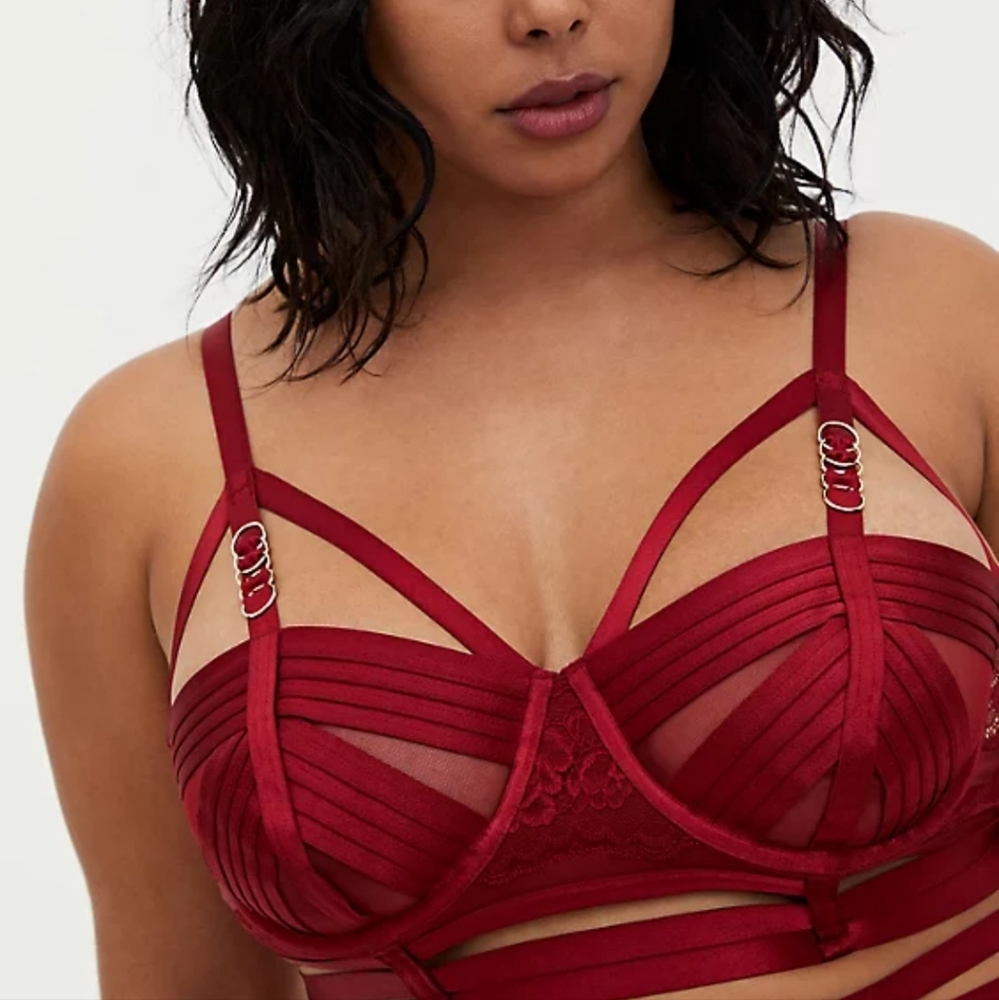 Dark Red Lace Cage Underwire Longline Bralette